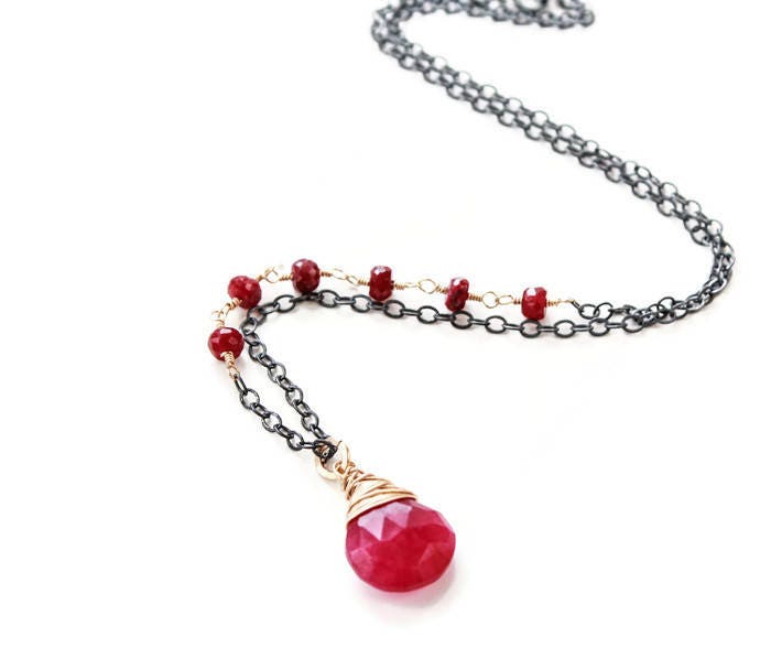 Ruby Necklace in Mixed Metal. July Birthstone Gift. Drop Necklace in ...