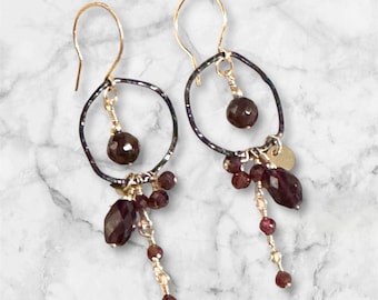 Garnet earrings in gold filled and oxidized sterling silver