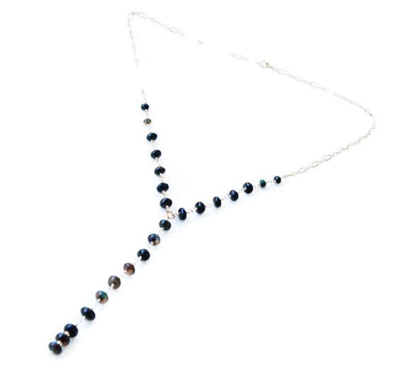 Black Ethiopian Opal lariat necklace Graduation gift October birthstone gifts gold filled chain and Black Opal beads Modern Y necklace