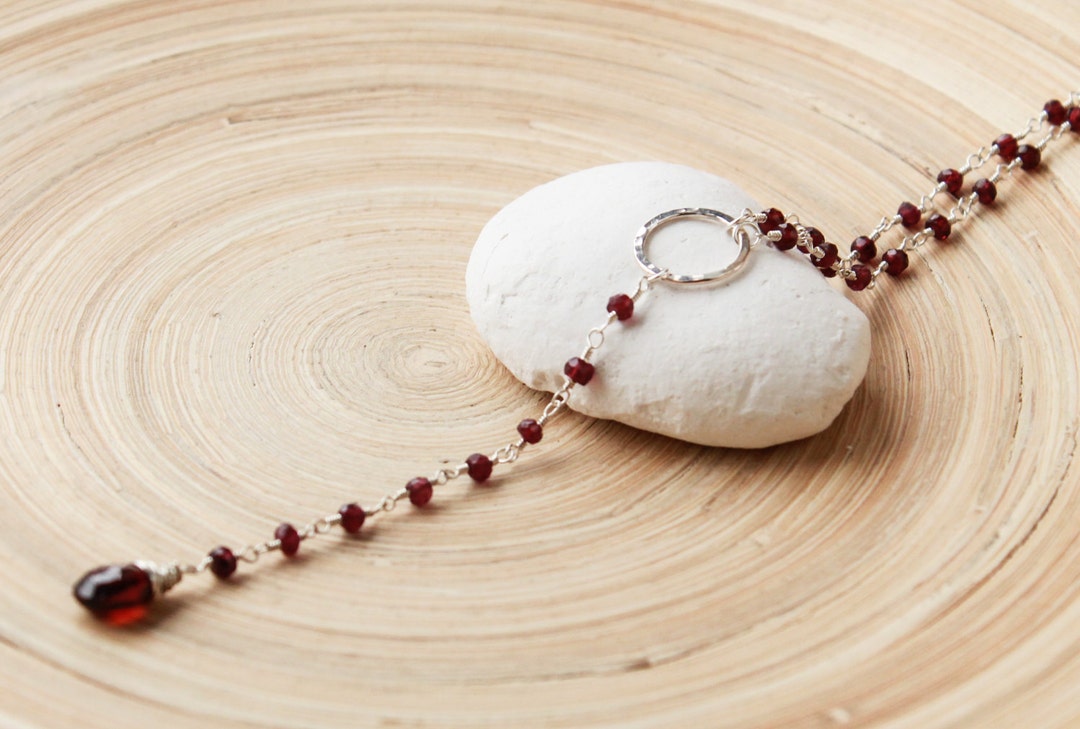 Garnet Necklace, January Birthstone Gift. Sterling Silver Y Necklace ...