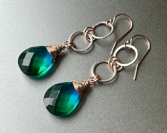 Two tone dangle earrings with Green- blue  bi-tourmaline quartz.
