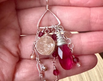 Sundance style necklace in mixed metal. Ruby crystal and Champagne Druze stone pendant