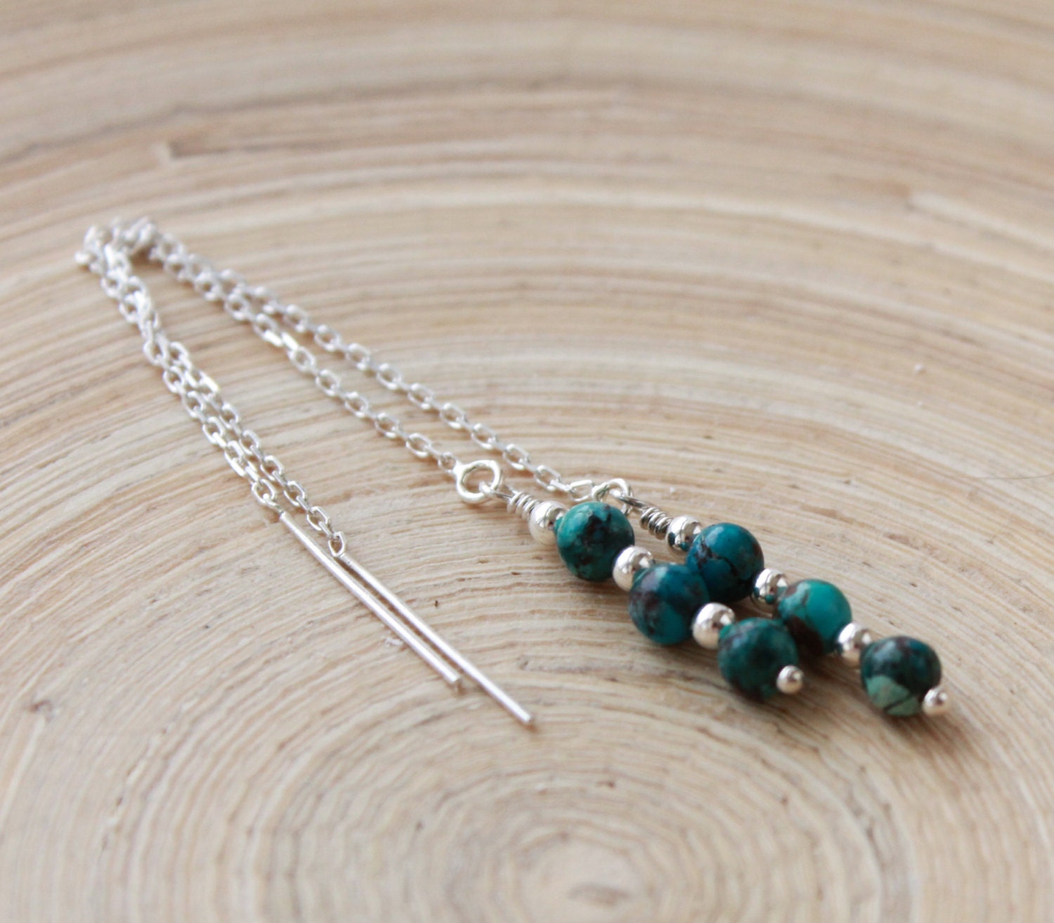 Turquoise Threader Earrings: Sterling Silver Chain, December Birthstone