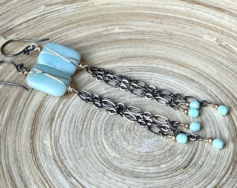 Amazonite Gemstone Long Dangle Earrings: Gold Filled Wire & Gunmetal Chains