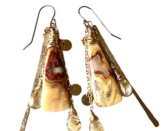 Crazy Lace Rosetta Stone earrings. OOAK gold filled dangle earrings. Ritulated Quartz, gold chains and bars and OOAK stones.