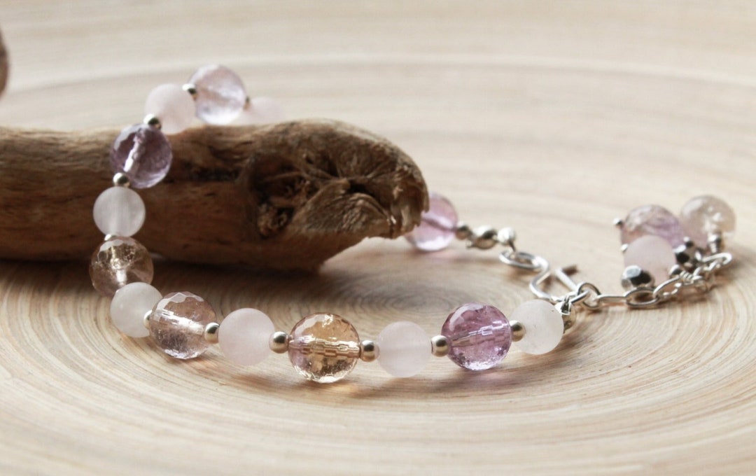 Beaded Sterling Silver Bracelet With Ametrine and Rose