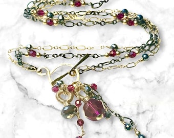 Crystal necklace with double chain and toggle clasp. OOAK jewelry