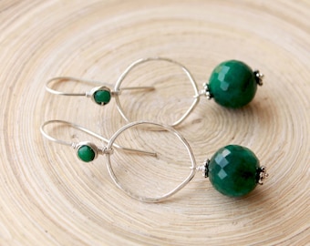 Green Emerald sterling silver earrings. Organic shape  hoops with Genuine Emerald beads. May Birthstone gifts for women. Birthday gifts