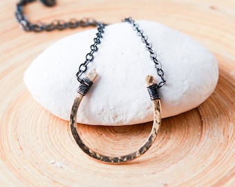Hammered Gold Filled Horseshoe Necklace: Oxidized Sterling Silver Chain