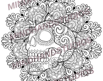 Ornate Skull & Mandala - Printable Coloring Page - Mandala Coloring Page - Instant Digital Download - Halloween Coloring Sheet