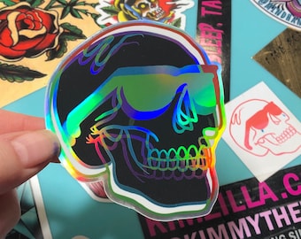 Holografische schedelsticker - Death Comes Tripping - 3D Skull sticker - reflecterende stickers - holografische stickers - Trippy Skull Decal