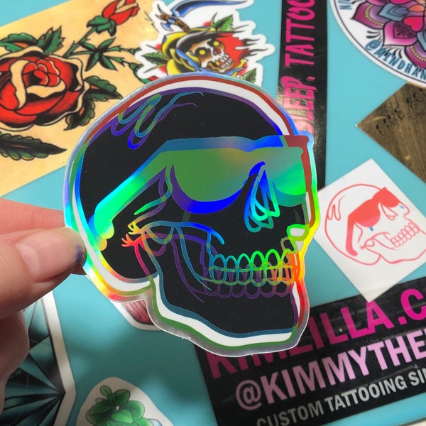 Holographic Skull Sticker -  Death Comes Tripping - 3D Skull sticker - reflective stickers - holographic stickers - Trippy Skull Decal