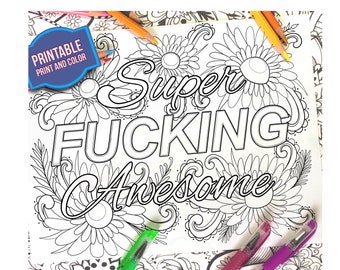 Coloring Page - Super Fucking Awesome - Sweary Coloring Page - Print and Color - Adult Coloring Sheet - Instant Digital Download Coloring