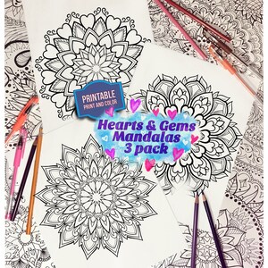 Hearts & Gems Mandala Coloring Pages - 3 Sheet Bundle (Digital Download)