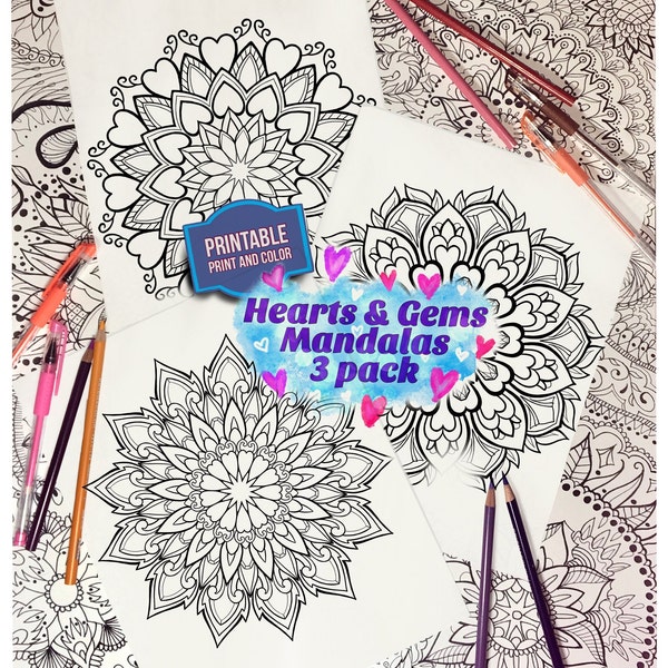 3 Sheet Bundle - Printable Coloring Pages - Sweet Hearts & Gems Mandala  - Ornate mandalas to Color - DIY Zen Art - Instant Digital Download