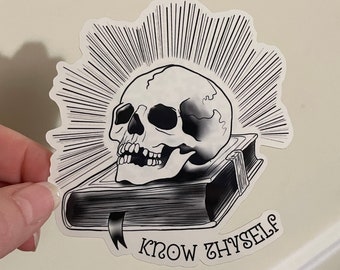 Pegatina de calavera Memento Mori: Conócete a ti mismo, calcomanía para portátil en blanco y negro