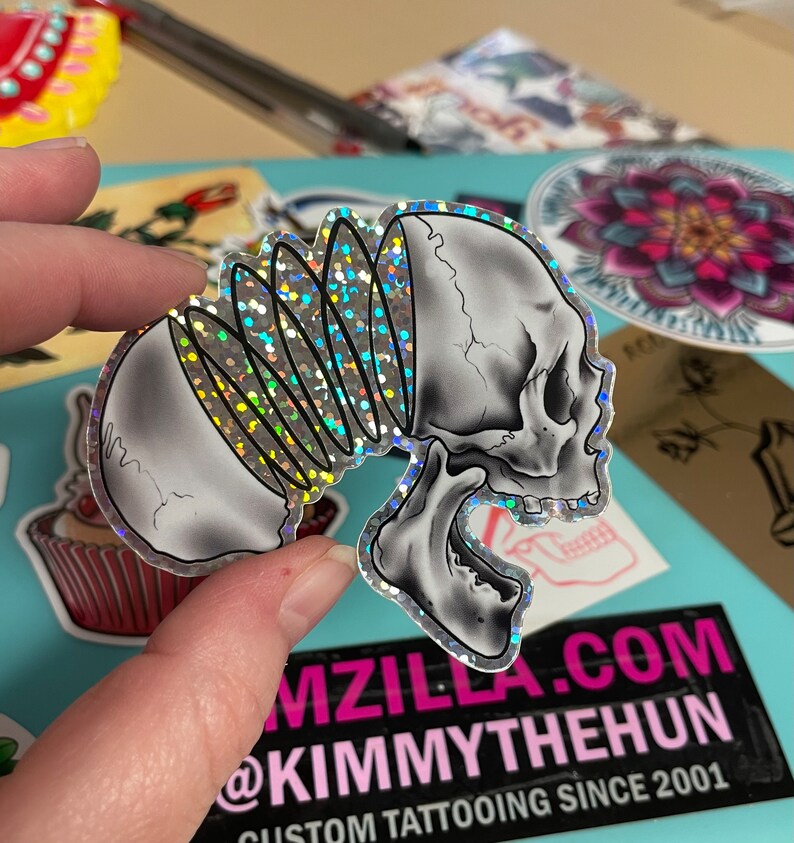 GLITTER Skull Sticker Springy Skull Art Skull helmet sticker reflective stickers shiny glitter sticker laptop Skull Decal image 4