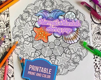 Mermaid Mandala Coloring Page - Sea Shell coloring Sheet- Mandala coloring  - Beach Coloring Page - Digital Download - Printable Coloring