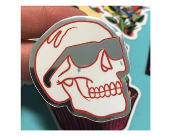 Holographic Sticker - Skull in Sunglasses sticker - Crying Skull Decal - Shiny Laptop Sticker  - Memento Mori Art - Tattoo Art - Sticker