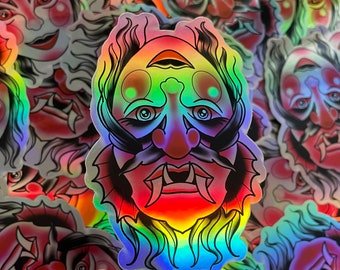 Holographic Devil Sticker -  Lady Head / Demon Head Flip art - laptop sticker - reflective stickers - holographic stickers - Devil Decal