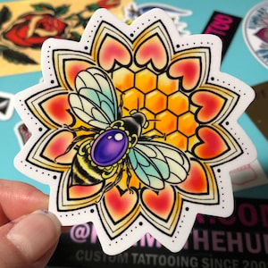 Bumble Bee Sticker - 3 inch Round Sticker - Honey Comb Mandala Vinyl Decal - Queen Bee Bumper Sticker -Bee mandala Sticker