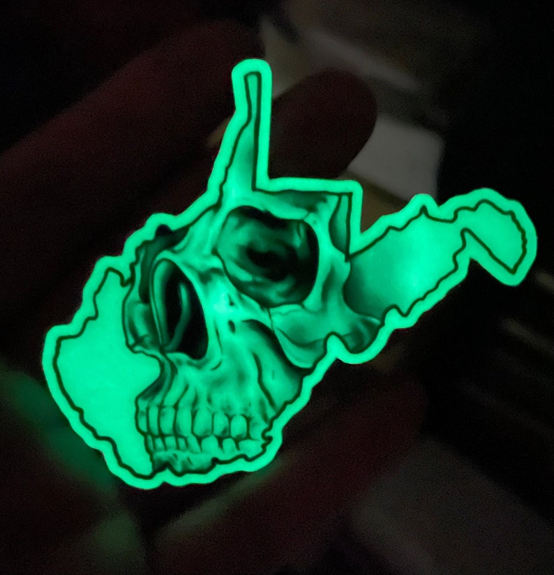 West Virginia GLOW Skull Sticker WV sticker Skull sticker GLOW in the dark sticker Skull Decal laptop decal helmet sticker image 2