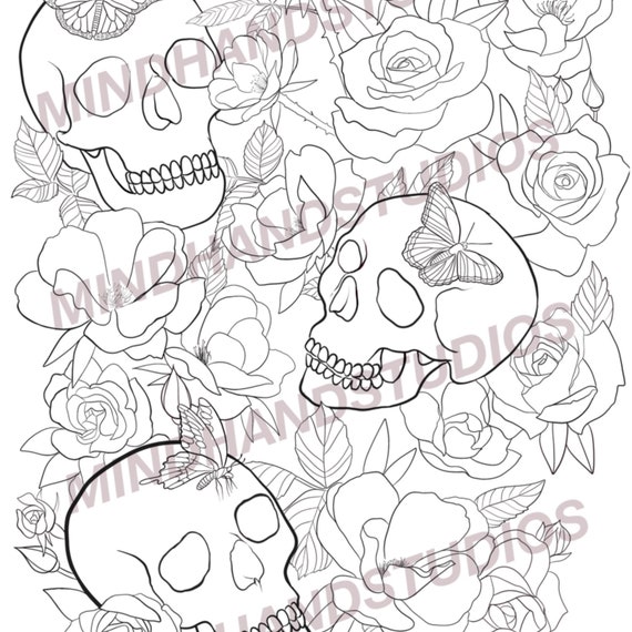 skulls coloring sheet roses butterflies page to color etsy canada