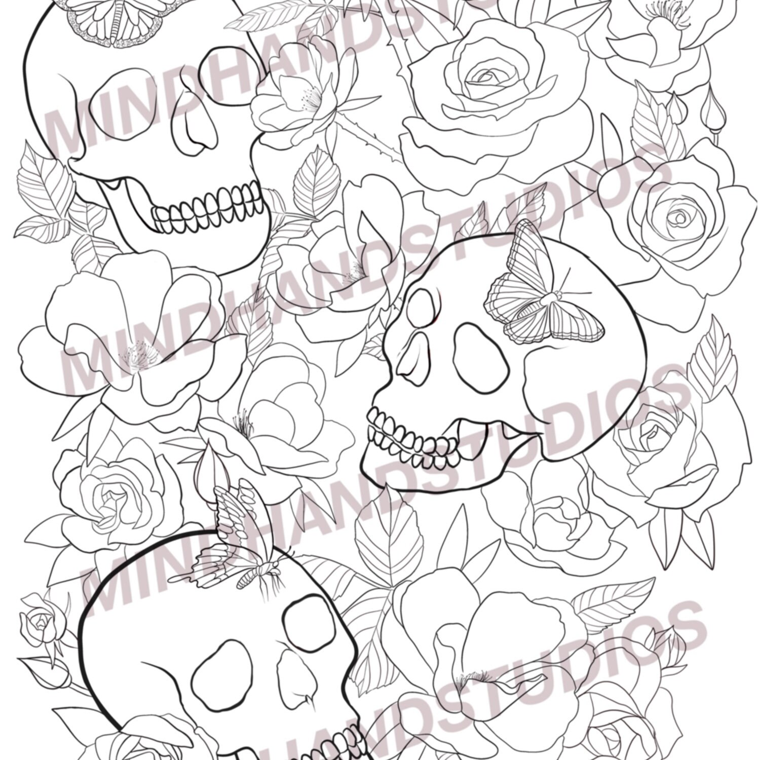 skulls coloring sheet roses butterflies page to color etsy canada
