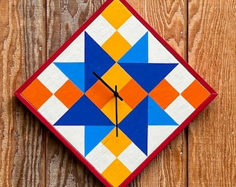 Hand Painted Barn Quilt Clock: Folk Art Upcycled Wood Wall Decor