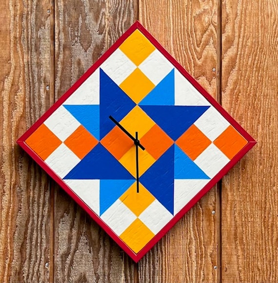 Hand Painted Barn Quilt Clock: Folk Art Upcycled Wood Wall Decor