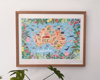 Australië Kaart Print | Kunst print | Geïllustreerde kaart | Kwekerij kunst aan de muur | Australische dieren Print | Kinderprints | Kaart van Australië