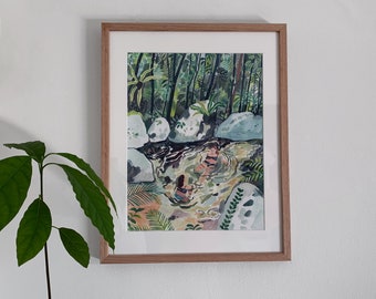 Regenwoud Zwembad Print | Jungle | Zwem | Floral Art Print | Kunst aan de muur | Illustratie