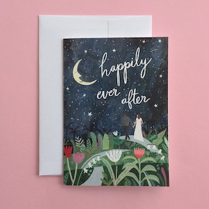 Felizes para Sempre | Cartão de casamento | Ilustração | Amor | Casal | Lua | Flores