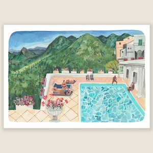 Giornata pigra in piscina / Piscina / Stampa d&#39;arte naturalistica / Arte murale / Illustrazione