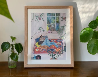 Girl with Dog Print | Plants | Girl | Floral Art Print | Wall Art | Bohemian