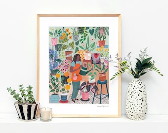 Plantendame | Bloemen | Meisje | Bloemenkunstdruk | Kunst aan de muur | Botanisch