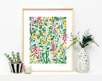 Girl in Garden |  Art print | Plants | Sunflowers | Garden |  Floral Print | Illustration | Botanical | Wall Art | Home Decor | Flowers