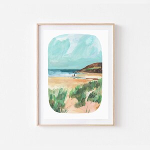 Promenade matinale sur la plage | Océan | Côtier | Impression d&#39;art nature | Art mural | Illustration