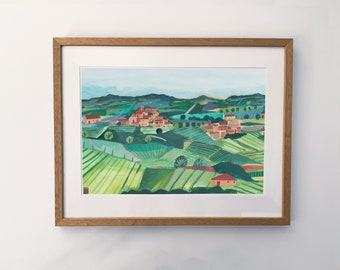 Italiaans platteland Print | Wijngaarden | Nature Art Print | Kunst aan de muur | Illustratie