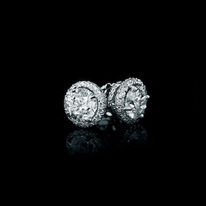 3.24 Carat Round Diamond Stud Earrings: 14K White Gold Halo