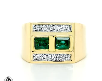 Men's Emerald Ring, Green Emerald and Diamond Ring, Gentlemen's Emerald Ring, 14 Karat Yellow Gold Ring With Emeralds And Diamonds