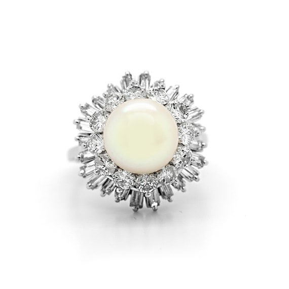 Pearl Ring, White Pearl Ring with Round Diamonds … - image 3