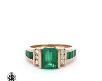 Emerald Ring, Green Stone Ring W/Diamonds, 14kt Yellow Gold Ring Emerald Ring, Vintage Emerald Ring, Emerald Cut Emerald And Diamond Ring