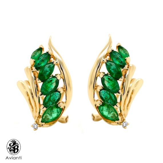 Emerald Earrings, Marquise Cut Emerald With French