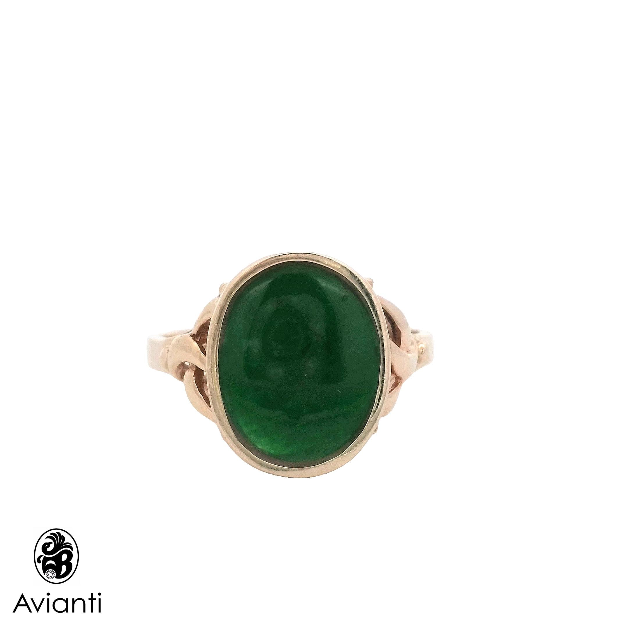 14K Yellow Gold Jade Ring: Oval Green Cabochon Statement Ring - Etsy