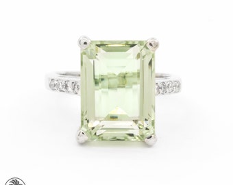 Amethyst Ring, Green Amethyst Ring, Custom Engagement Ring, Rectangular Green Amethyst Stone, Amethyst and Diamond Ring,