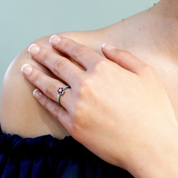 14K White Gold Ruby Flower Ring with Diamond Halo - image 4