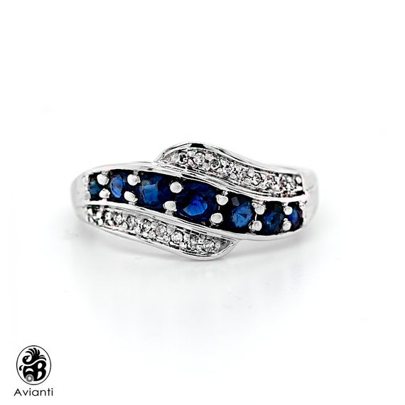 Blue Sapphire Band, White Gold Stackable Ring, Dia