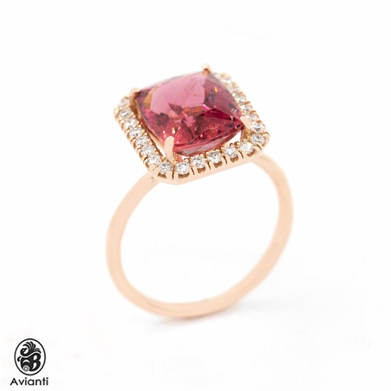 Tourmaline Ring, Rose Gold Ring, Dusty Rose Tourmaline Diamond Ring, Rose Gold and Single Halo Ring, Sqare Pink Tourmaline Ring image 2