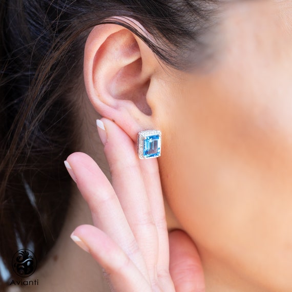 Blue Topaz Earrings, Topaz and Diamond Earrings, … - image 3